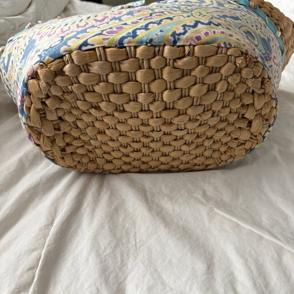 Vera Bradley Capri Blue Paisley Woven Straw Shell Beach Coastal Cottagecore Tote - Picture 5 of 9